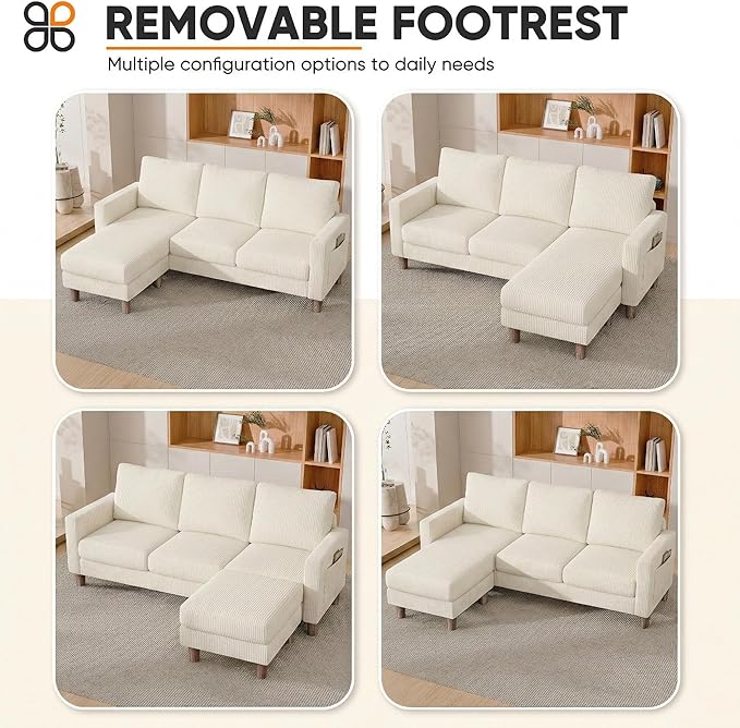 JUMMICO L Shape Sectional Sofa Couch, 3 Seat Convertible Sofa with Movable Ottoman and Side Storage Pockage, Modern Sofa Small Couches for Living Room & Apartment and Small Space (Corduroy, Beige)