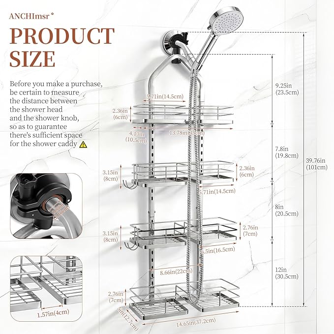 Adjustable Hanging Shower Caddy for Handheld Showerhead, 4-Tier Rustproof Shower Rack Baskets, Anti-Swing Hanging Shower Organizer for Bathroom Storage with 2 S-Hooks, Large Capacity, Silver
