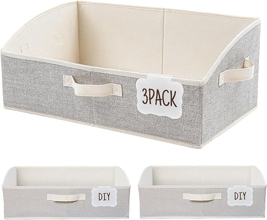 Closet Organizers and Storage Bins with Labels Clip, Large Trapezoid Storage Baskets for Shelves, 28L Foldable Fabric Clothing Organizer for Blankets, Towels and Toys, Honey Beige, 3-Pack