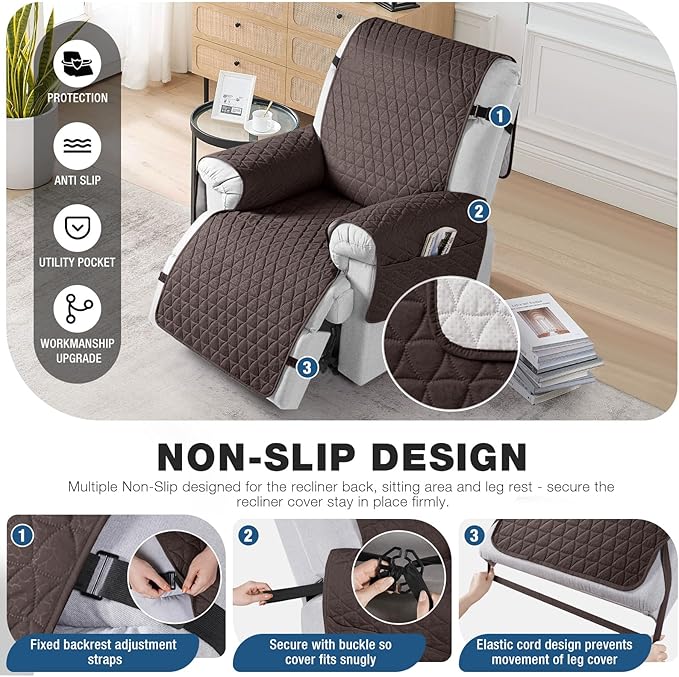 TAOCOCO 100% Waterproof Recliner Cover - Recliner Cover with Non-Slip Granule, Recliner Chair Covers with Elastic Band, Recliner Chair Covers for Reclining Chair(Chocolate, Oversized-30'')