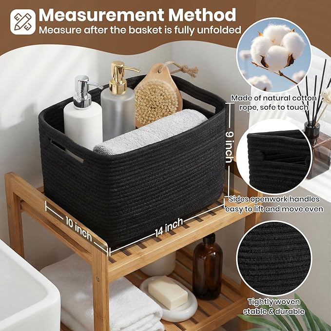 Storage Baskets for Organizing, 14 x 10 x 9” Closet Shelf Woven Baskets, Square Bins with Handles, Cotton Rope Basket for Toys, Clothes, Office, Room, Black 3 Pack