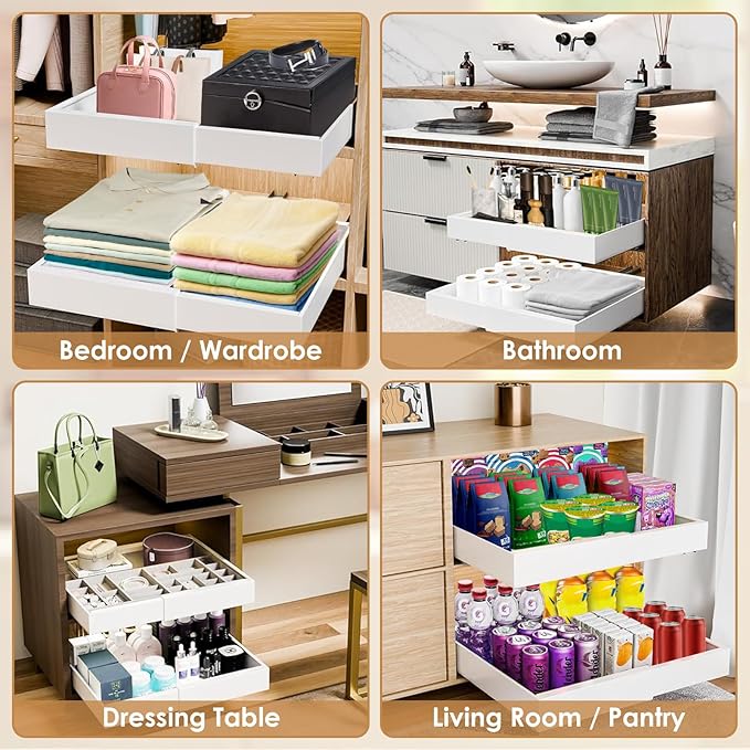 4 Pack Pull Out Cabinet Organizer, 21" Deep Expandable(12.6"-20.5") Heavy Duty Slide Out Drawers, Pull Out Drawers for Cabinets Suitable for Kitchen Storage (White)