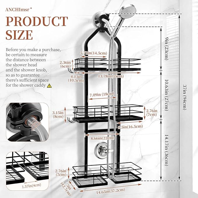 Adjustable Hanging Shower Caddy for Handheld Showerhead, 3-Tier Rustproof Shower Rack Baskets, Anti-Swing Hanging Shower Organizer for Bathroom Storage with 2 S-Hooks, Large Capacity, Black