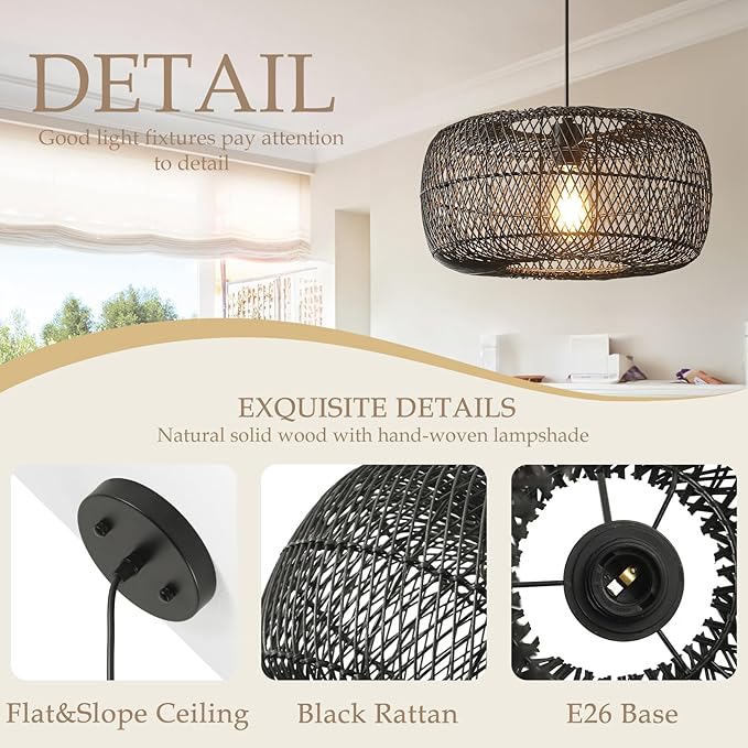 Black Rattan Pendant Light, 16in Drum Wicker Chandelier Hand-Woven Rattan Hanging Lighting Fixture Boho Pendant Lights for Dining Room Kitchen Island Living Room Bedroom Foyer Entrance