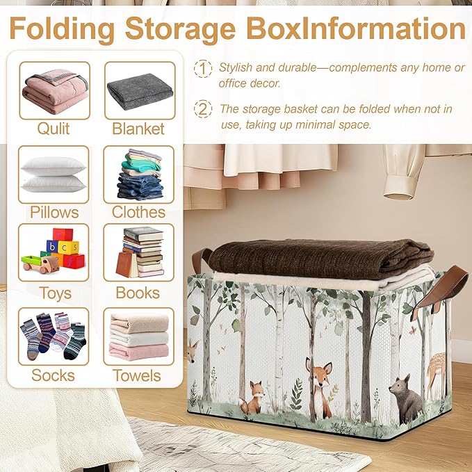 Forest Animal Storage Bin with Handles, Basket Storage Organizer for Shelves, Closet, Nursery, Book, Laundry Hamper & Home Decor