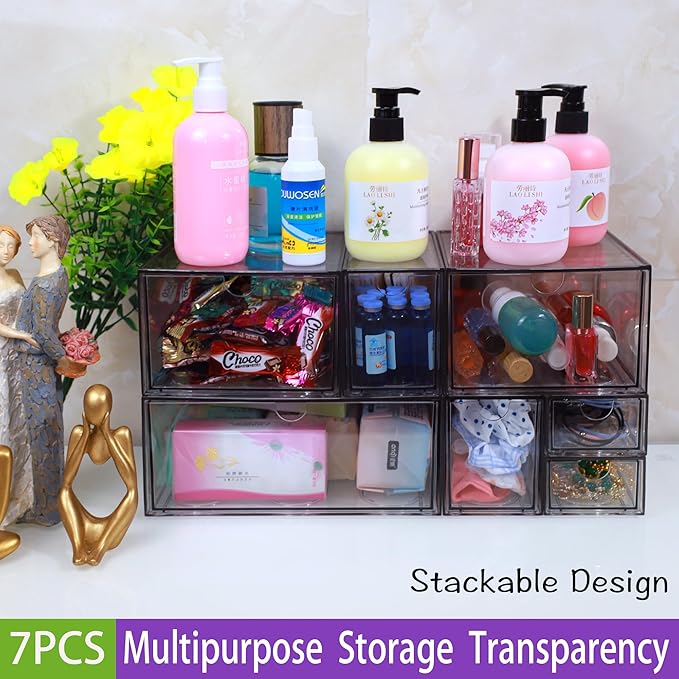 7 Pack Acrylic Makeup Organizer Clear Stackable Storage Drawers Tall Acrylic Bathroom Makeup Organizer for Cosmetic,Beauty Supplies,Ideal for Vanity, Undersink,Cabinet,Desk Home Organization