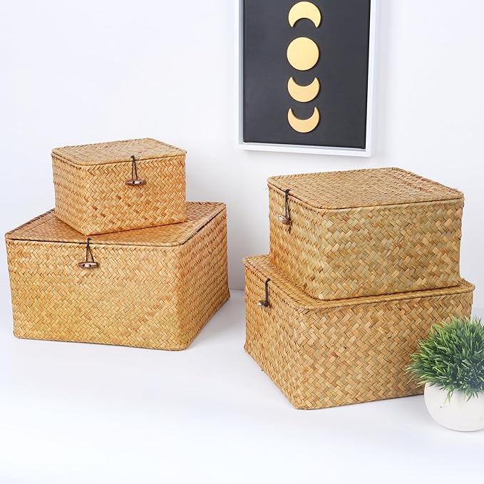 Wicker Shelf Baskets with Lid, Handwoven Seagrass Storage Basket Bins Square Gift Boxes for Shelves Home Decor Organizer (Natural, Set of 4)