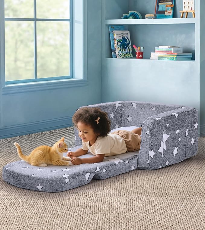 Kids Couch, 2-in-1 Soft Toddler Couch Fold Out with with Blanket and Cloud Pillow, Glow in The Dark, Toddler Chair Comfy, Convertible Sofa, Gifts for Kids Girl Boys, Medium Grey Star