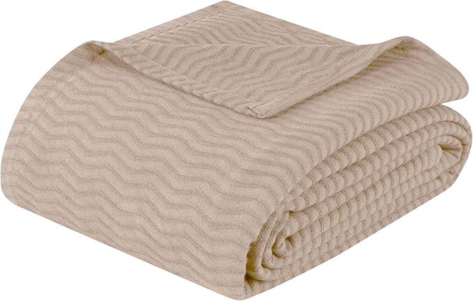 Superior JENA Cotton Blanket, for Picnic, Beach, Traveling or Camping, Bedroom Decor, Essentials, Cover for Bed, Couch, Lounging, Textured Jacquard, Modern Chevron Woven Blanket, Twin, Khaki