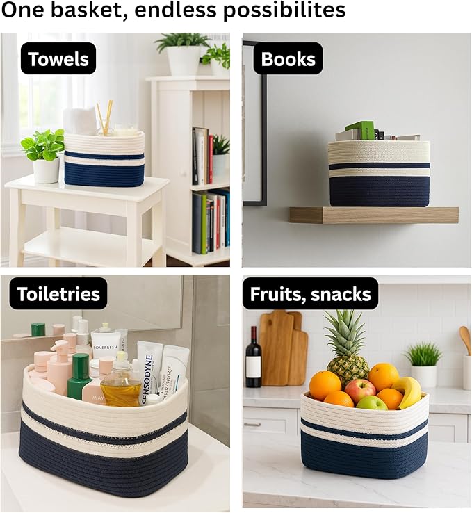 Cotton Rope Baskets for Organizing and Storage, Woven Decorative Baskets for Shelves, Books, Closets. Storage Bins for Living Room, Bedroom | Pack of 3 | Blue