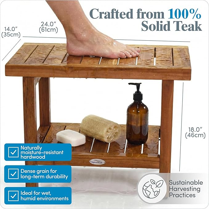 AquaTeak The Original 24" Spa Teak Shower Bench with Shelf
