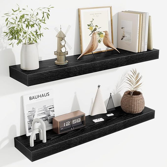 Fun Memories Floating Shelves 30 Inch, Wall Mounted Wood Shelf Set of 2, Farmhouse Decor for Bathroom, Bedroom, Kitchen, Living Room, Black