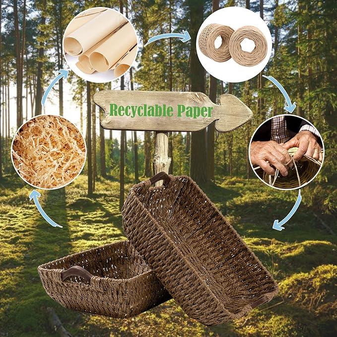 FairyHaus Hand-Woven Wicker Storage Basket with Natural Wooden Handles Set of 2, Recyclable & Renewable Paper Rope, 15x10x5 Wicker Baskets for Storage, Brown