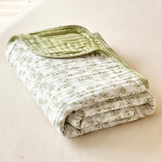 Muslin Blankets 100% Cotton 6-Layer Gauze Floral Pattern Throw Blanket Lightweight Soft and Breathable Queen Bed Blanket for Sofa Couch Bed Coverlet Both Sides (Floral Green-a, Queen 90" X 90")