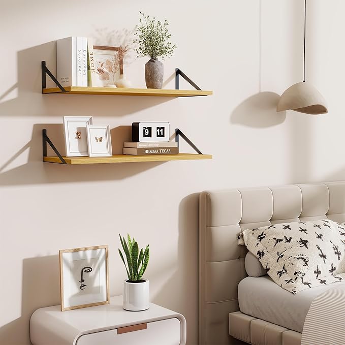 Deep Floating Shelves for Wall,30" Wx10 D Wood Floating Shelf Set of 2,Sturdy Metal Bracket Wide Display & Storage,Wall Mounted Hanging Floating Shelves for Living Room,Bedroom,Kitchen,Oak