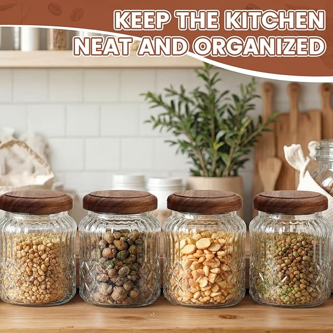 6 Pack Vintage Glass Jars with Wooden Lids 33.8 oz Airtight Glass Canisters Storage Containers Large Food Canisters for Pantry Coffee Spice Grains Tea Sugar Flour Kitchen(Fine Floral)