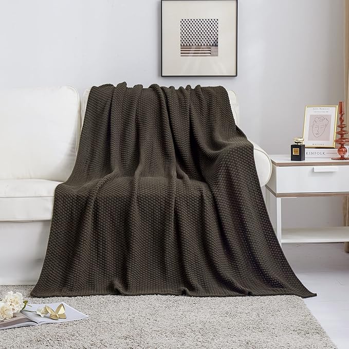 Longhui bedding Dark Brown Knitted Throw Blanket for Couch, Soft, Cozy Machine Washable 100% Cotton Sofa Knit Blankets, Heavy 4.0lb Weight, 60 x 80 Inches, Dark Brown Color.