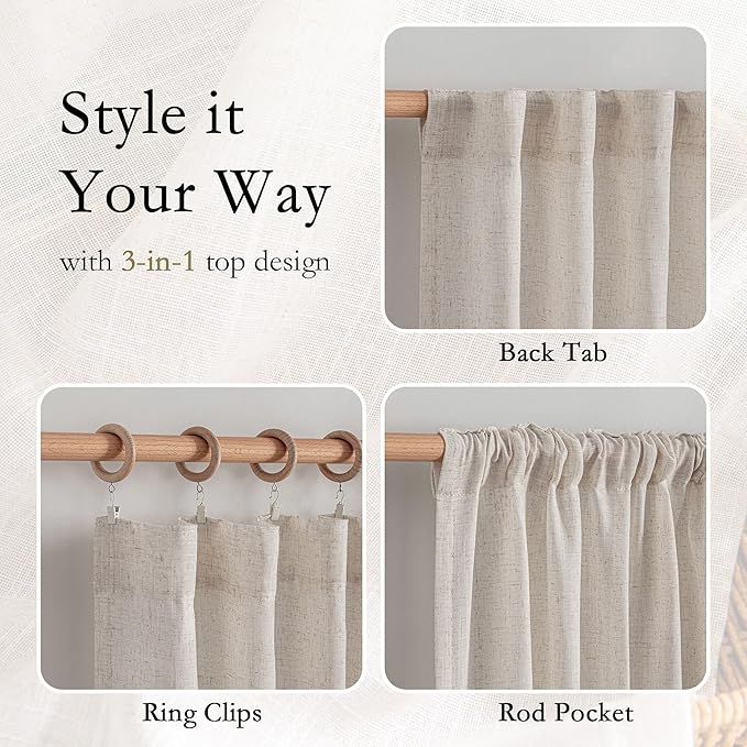 MYSKY HOME Natural Linen Sliding Glass Door Curtains, Back Tab Semi Sheer Curtain Panels Extra Long Floor Length Drapes 108 Inches for Living Room Linen Texture Soft Touch, 100" Wide, 1 Piece