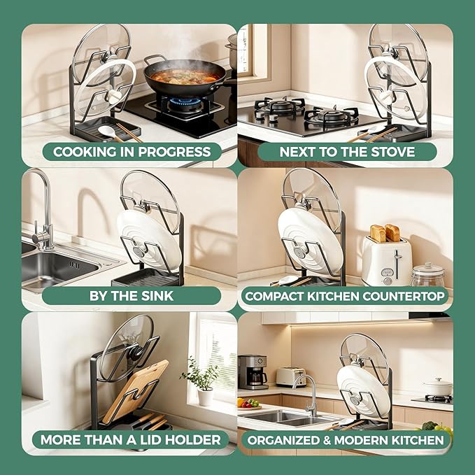 Kitchen Pot Lid Storage Rack, Double Layer Pot Lid Organizer Rack & Holder While Cooking, Metal Pot Lid Stand with Spoon Rest and Removable Drip Tray, Space-Saving Design (Gray, 2)