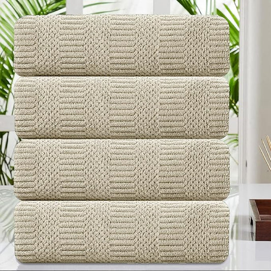 Oliven 4 Pcs Camel Large Bath Towel Set 35"x70" Extra Large Bath Sheets Oversized Jumbo Towels for Bathroom 600GSM Soft Highly Absorbent Quick Dry Beach Chair Towel Woven Towels for Hotel and Spa