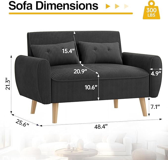 JAMFLY 47'' Small Loveseat Sofa, 2 Seat Compact Couch with Tapered Legs, Black Upholstered Furniture, Solid Wood Frame, Comfy Foam Cushion, Easy Assembly for Small Spaces