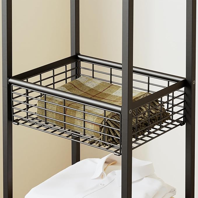 Coat Rack Freestanding, Coat Stand with Metal Basket and Storage Shelves, Hall Tree Free Standing with and 7 Hooks, Clothes Rack Stand Organizer, Rustic Brown and Black