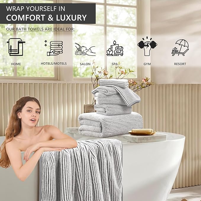 8-Piece Premium Towel Set for Bathroom|2 Oversized Large Bath Sheet,2 Hand Towels,4 Washcloths|Soft Cozy Highly Absorbent Fast Dry Microfiber Shower Towel Set for Hotel Bathroom Essentials,Brown White
