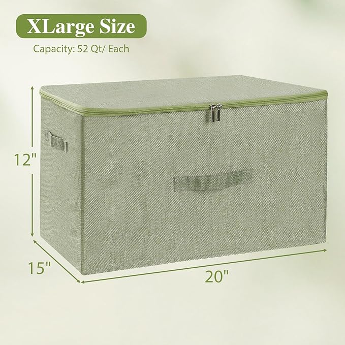 ANMINY 2PCS Storage Bins with Zipper Lids 51.9 Qt Lidded Fabric Storage Boxes Baskets Cubes with Handles Collapsible Washable Cotton Linen Closet Shelf Clothes Organizer - Green, Extra Large