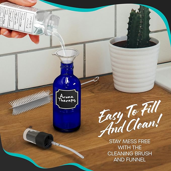 Nevlers Small Glass Spray Bottles 4 Oz 48 Pack | Cobalt Blue Bottle Set w/Labels, Marker, Brush, Funnel & Shrink Wrap | Mini Spray Bottle for Oil | Practical Plant Spritzer & Glass Cleaning Bottles