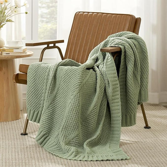 Amélie Home Chevron Chenille Knit Throw Blanket for Couch, Cozy Texture Decorative Soft Blanket for Sofa & Chair, 60"x80", Sage Green