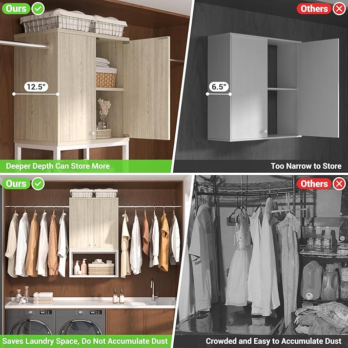 Homieasy Wall Cabinet with 2 Hanging Rods, 67'' Wide Laundry Wall Cabinet with 2 Doors, Open Rack & Adjustable Inner Shelf, Storage Cabinet Wall Mounted for Laundry & Bathroom, White Oak