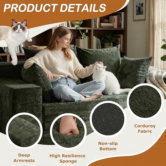 Convertible Sofa Bed, 5 in 1 Small Boneless Couch Pull Out Loveseat Sleeper Sofa,Corduroy Futon Couch Folding Mattress with 4 Pillows for Living Room Bedroom Lounge (No Assembly)