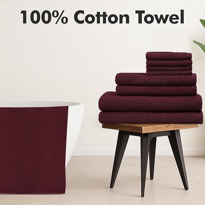 Bath Towels Set of 8 – 100% Cotton (Burgundy) Bathroom Towel Set Bale Includes 2 Bath, 2 Hand, 4 Face Towels – Soft, Absorbent & Quick Dry Towel for Bathroom, Spa, Kitchen, Hotel Use