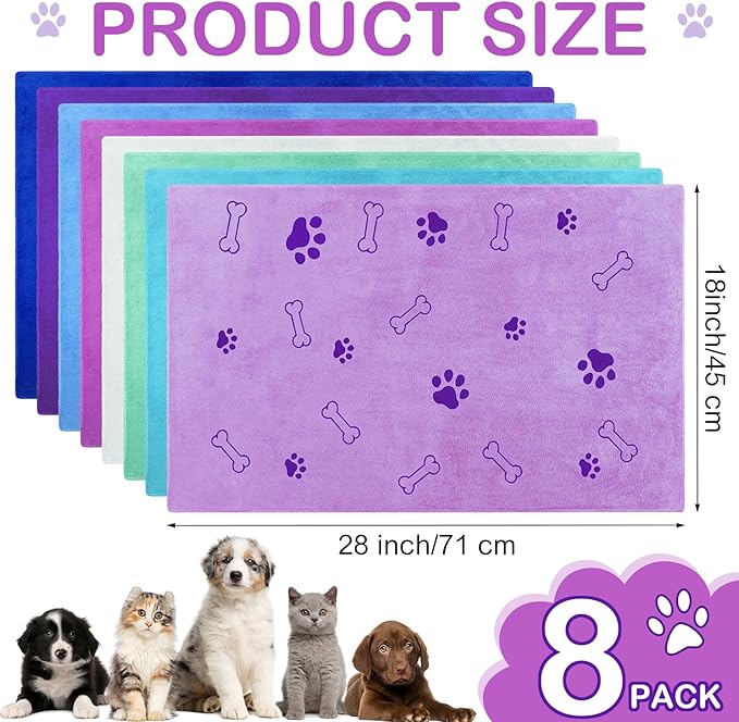8 Pcs Dog Towels for Drying Dogs Cats Pet Towels Bulk Puppy Microfiber Quick Drying Paw Bath Bathing Supplies Absorbent for Medium Pets(Classic Color,18 x 28 Inch)