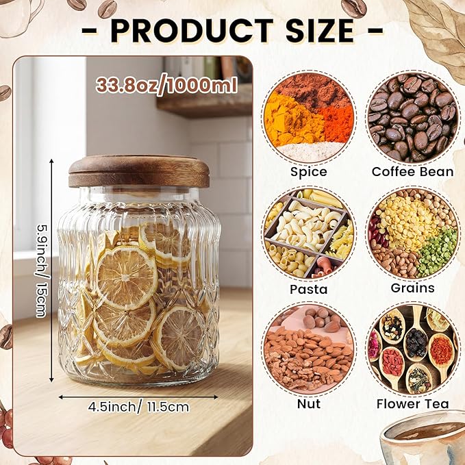 6 Pack Vintage Glass Jars with Wooden Lids 33.8 oz Airtight Glass Canisters Storage Containers Large Food Canisters for Pantry Coffee Spice Grains Tea Sugar Flour Kitchen(Fine Floral)