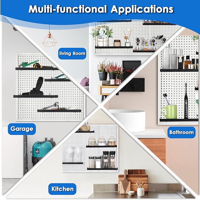 Kokone 6 Pack Pegboard Shelves with Lip Around The Edge, 12x4 Flat Display Shelves for Pegboard Storing or Displaying, Wall Pegboard Shelves Accessories Steel Tray for Garage Workshop Craft Room