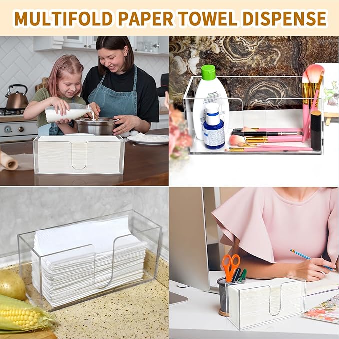 2 Pack Acrylic Paper Towel Holder, Countertop Napkin Dispenser for C-Fold, Multi-Fold & Trifold Paper Towels, 5mm Transparent Acrylic for Kitchen, Bathroom & Restaurant (2)