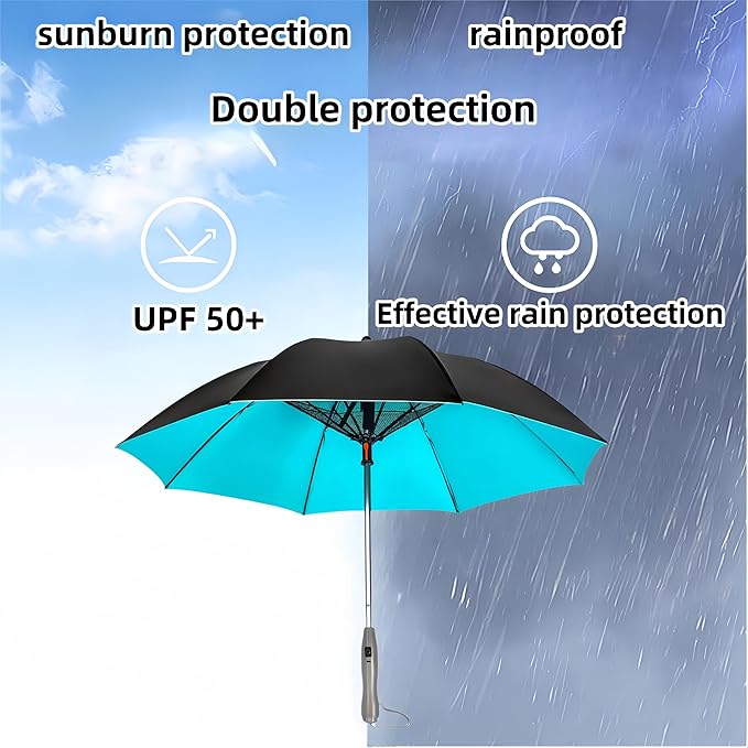 Umbrella with Fan & Mist Spray - Rechargeable UV Protective Cooling Umbrella for Patio, Beach, Travel — Portable Misting System & Detachable Water Bottle Included