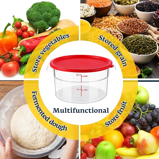 1 Pcs Dough Proofing Bucket with Lid, Round Food Storage Container 2 Qt Dough Bucket Clear Translucent Containers with Red Scale(Red)