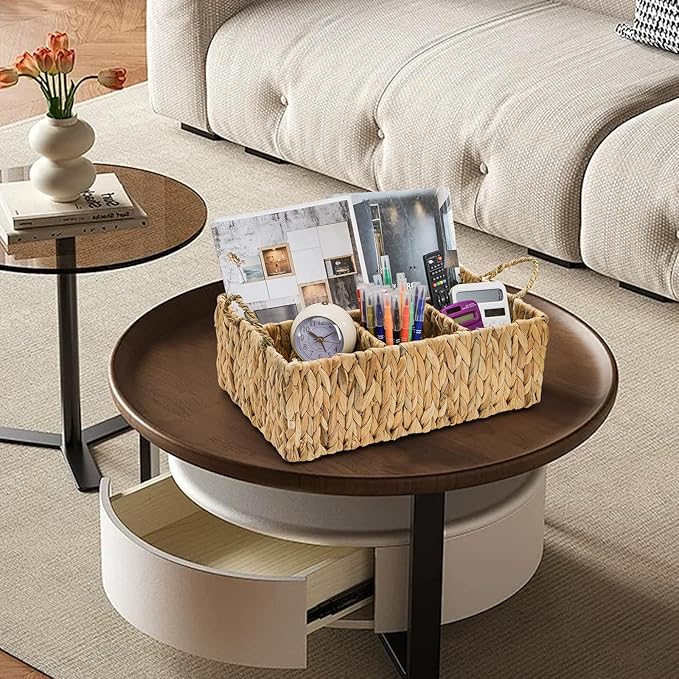 Water Hyacinth Storage Basket, 4 Section Natural Wicker Storage Bin, Woven Storage Organizer with Handle, Large Divided Basket for Shelves Countertop Bathroom Pantry, 16" L x 10.5" W x 5.5" H