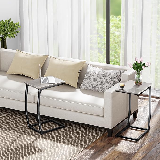 C Shaped End Table Set of 2, Side Table for Couch,Curved Support Legs, Slide Under Couch Table for Sofa, TV Tray Table for Living Room Bedroom（Lvory）