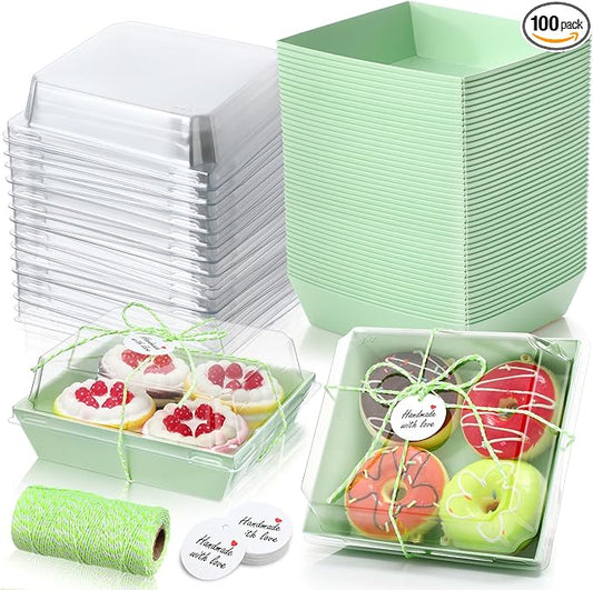 Outus 100 Pack Charcuterie Boxes with Clear Lids, 5.7 x 5.1 '', Mother 's Day Back to School Paper Food Containers Cake Take out Bakery Boxes with Gift Tags Rope for Desserts(Light Green,Classic)