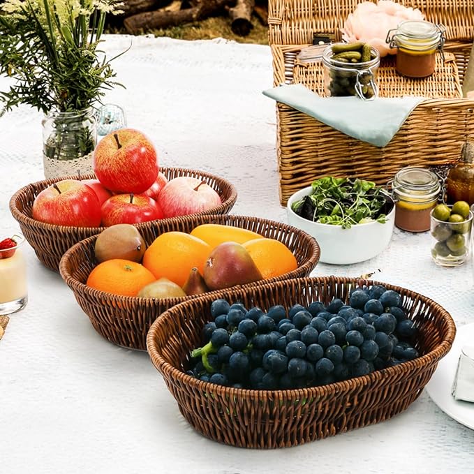 3 Pack Wicker Bread Basket, 11 Inch Woven Oval Food Baskets for Serving, Tabletop Stackable Pantry Organizer Bin for Home Kitchen, Restaurant, Bakery, Fruit Vegetable Storage, Brown