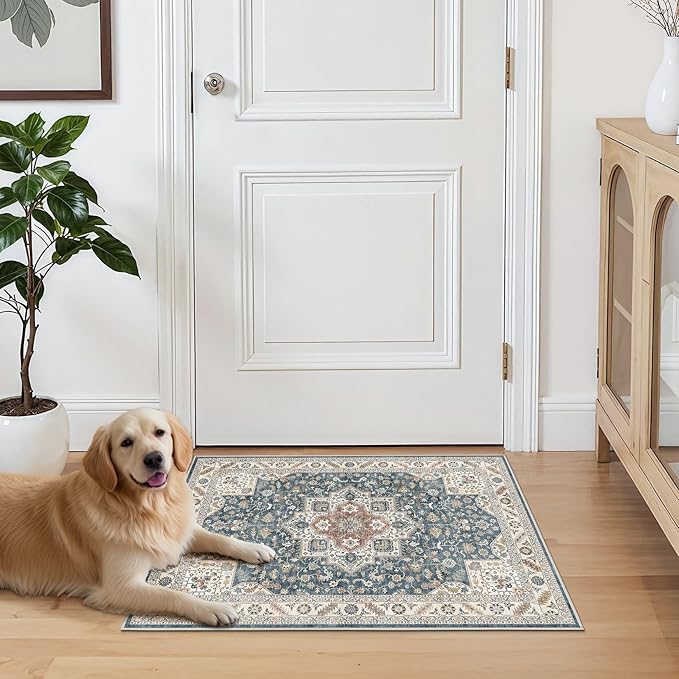 Vintage Living Room Area Rug 3x5 - Large Soft Washable Oriental Traditional Distressed Farmhouse Rugs for Bedroom - Indoor Floor Accent Carpet for Home Office House Decor - Blue