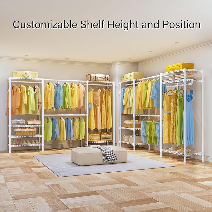 SEMHOR E06 Expandable Heavy Duty Clothes Rack for Reach-in Closet, Large Freestanding Clothing Racks with Shelves, Carbon Steel Closet System Adjustable from 70.8-93.9", Max Load 800LBS, White