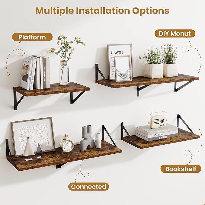 48inch Floating Shelves for Wall,10" Deep Floating Shelves with Metal Brackets,Wall Mounted Hanging Floating Shelf,Wide Display Shelves for Living Room,Bedroom,Office,Kitchen,Rustic Brown