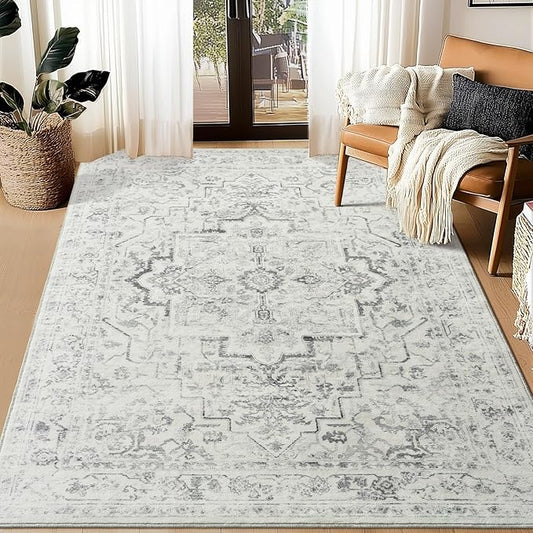 Distressed Farmhouse 5x7 Area Rugs for Living Room Bedroom Non Slip Washable, Medallion Pattern Printed Low Pile Thin Carpet Rugs for Dining Room/Kitchen/Home Office, Off White/Grey