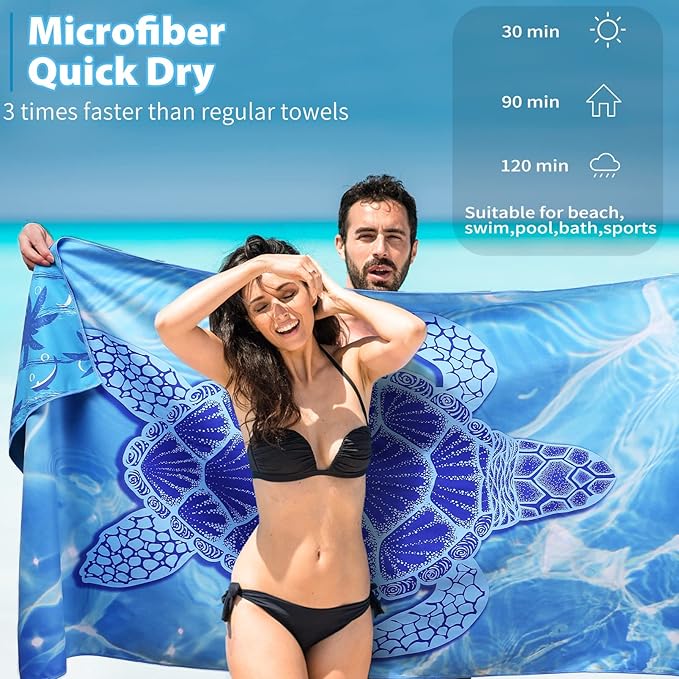 Microfiber Thin Beach Towel Lightweight Oversized 71x32 Extra Large Sand Free Towels Quick Dry for Travel Pool Camping Sports Beach Accessories Vacation Essential Gift Turtle