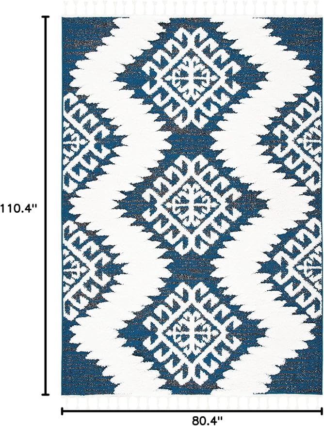 SAFAVIEH Moroccan Tassel Shag Collection Area Rug - 6'7" x 9'2", Navy & Ivory, Rustic Trellis, Non-Shedding & Easy Care, 2-inch Thick Ideal for High Traffic Areas in Living Room, Bedroom (MTS652N)