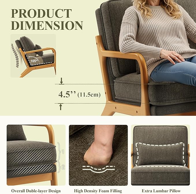 Accent Chair Set of 2 with Solid Wood Frame, Mid-Century Relaxing Armchair Lumbar Pillow& Soft Cushion, Reading Leisure Chair for Living Room, Bedroom, Waiting Room-Green